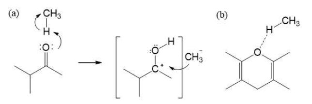 탄소 표면에 존재하는 산소에 따른 반응 매커니즘 차이 (a) quinone과 메탄의 반응, (b) epoxy와 메탄 사이의 반응