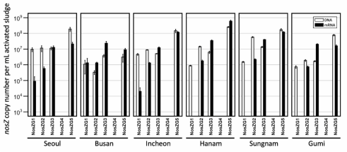 추가 6개 하수처리장(서울, 부산, 구미, 하남, 성남, 인천)에서의 nosZ 유전자와 전사량 비교