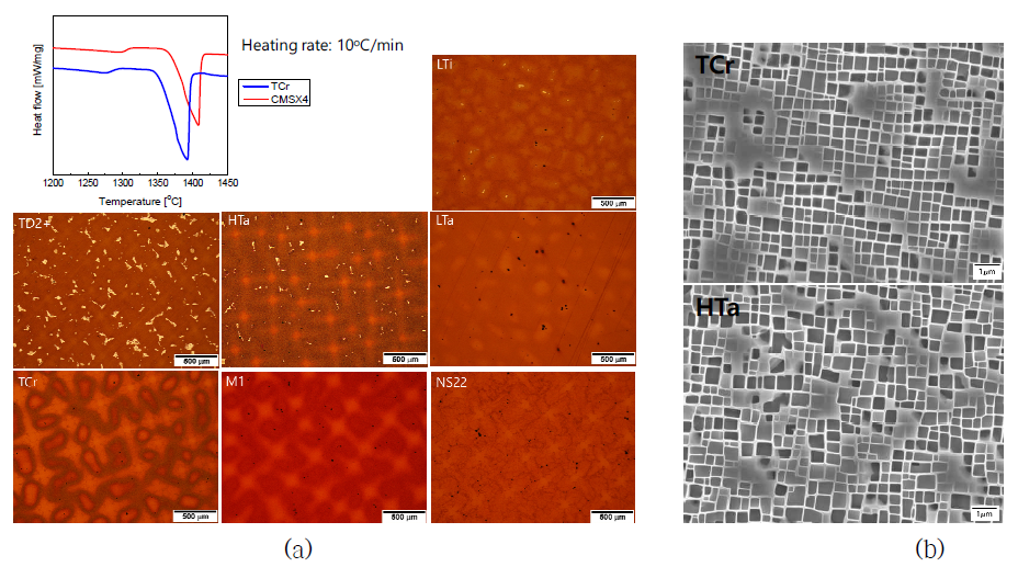 3차 설계합금 열처리 후 미세조직. (a) 용체화 처리 후 미세조직, (b) TCr, HTa 합금의 용체화 및 시효처리 후 미세조직
