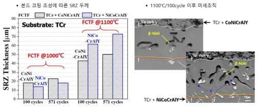 1100℃, NiCoCrAlY 하에서 상용합금과 TCr 합금의 계면 반응 비교