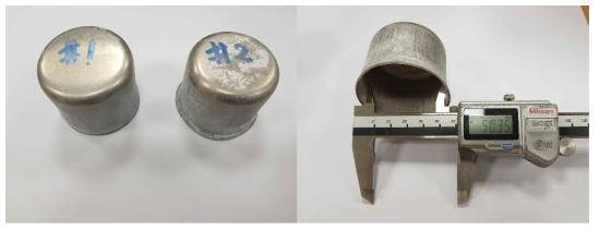 고강도 7xxx계 알루미늄 소재의 컵성형 품 및 직경 측정 결과