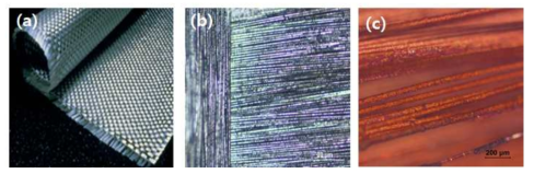 (a) 유리섬유 직물 (WR 860) 이미지 (b) Ni 무전해 도금 유리섬유, (c) Cu 무전해 도금 유리섬유의 광학 이미지