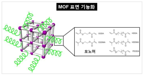 MOF 표면에 기능화 할 수 있는 모노머의 종류 및 기능화 모식도