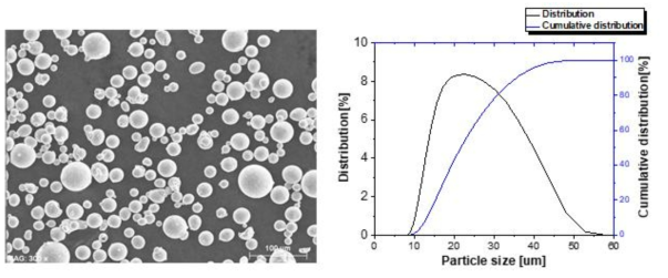 분급 후 CoCrFeMnNi 분말의 SEM 및 입도 분석 그래프