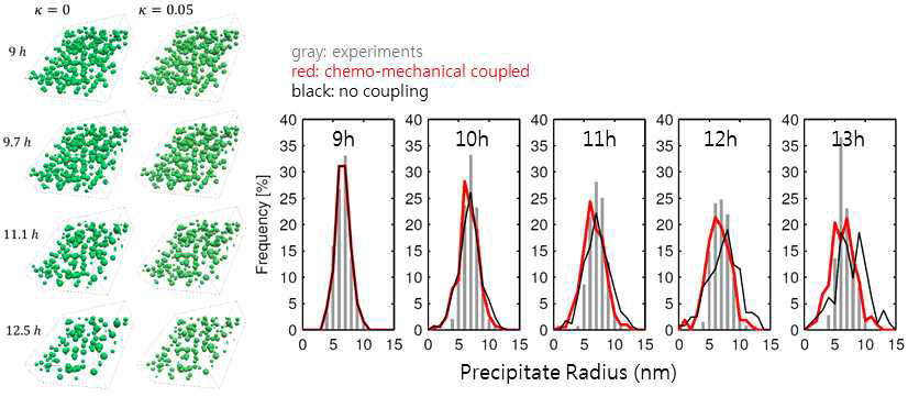 (좌) chemo-mechanical coupling 유무에 따른 3차원 석출물 분포의 변화 (우) 실험과의 비교