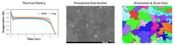 (좌) 실험/시뮬레이션에서 얻은 시편의 온도 변화 (중) 정출물 분포 (우) 결정립 방위와 크기