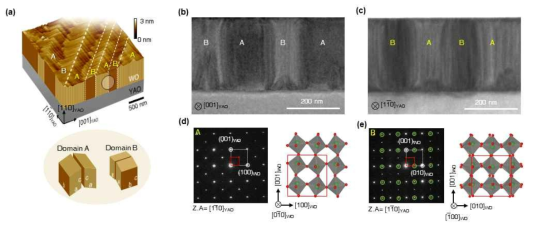 (a) WO3 박막의 모식도. (b, c) 각각 [001], [1-10] 방향을 따라 관찰된 TEM 이미지들. 400nm 두께의 WO3 박막 내에 두 개의 서로 다른 도메인 A, B가 존재함. (d, e) 도메인 A, B에 해당하는 전자 회절패턴