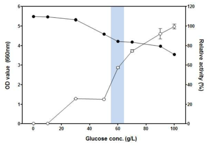 Glucose 농도별 균체 생산량과 LpMA 효소 발현양 비교