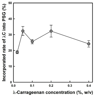 Effects of the concentration of λ-carrageenan (λC; dissolved in 100 mM HCl) on infiltration rate of λ-carrageenan (λC) into waxy corn starch granules treated at 4℃ with pronase (PSG). Its infiltration rate was defined as the percent ratio of the concentration of λ-carrageenan residues in the supernatant recovered after agitation of pronase-treated to native starch granule-λ-carrageenan mixtures at 25℃