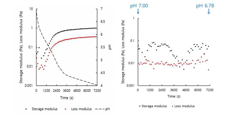 Plots of G’, G” versus time for 0.5% total solid content rice protein with or without addition of glucono-δ-lactone