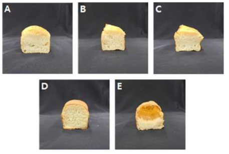 Crumb images of bread made from rice flour dough with different glucono-δ-lactone ratio. A; RS-5G, B; RS-5G0.5D, C; RS-5G1.0D, D; Wheat flour E; pRS-5G