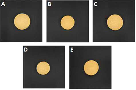 Cookies made from rice flour dough with different glucono-δ-lactone ratio. A; RS-5G, B; RS-5G0.5D, C; RS-5G1.0D, D; Wheat flour E; pRS-5G