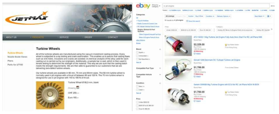 (a) 마이크로 가스터빈 엔진 부품 판매사인 스위스 Jetmax사 홈페이지 및 (b) eBay에서 판매 중인 항공기용 마이크로 가스터빈 엔진