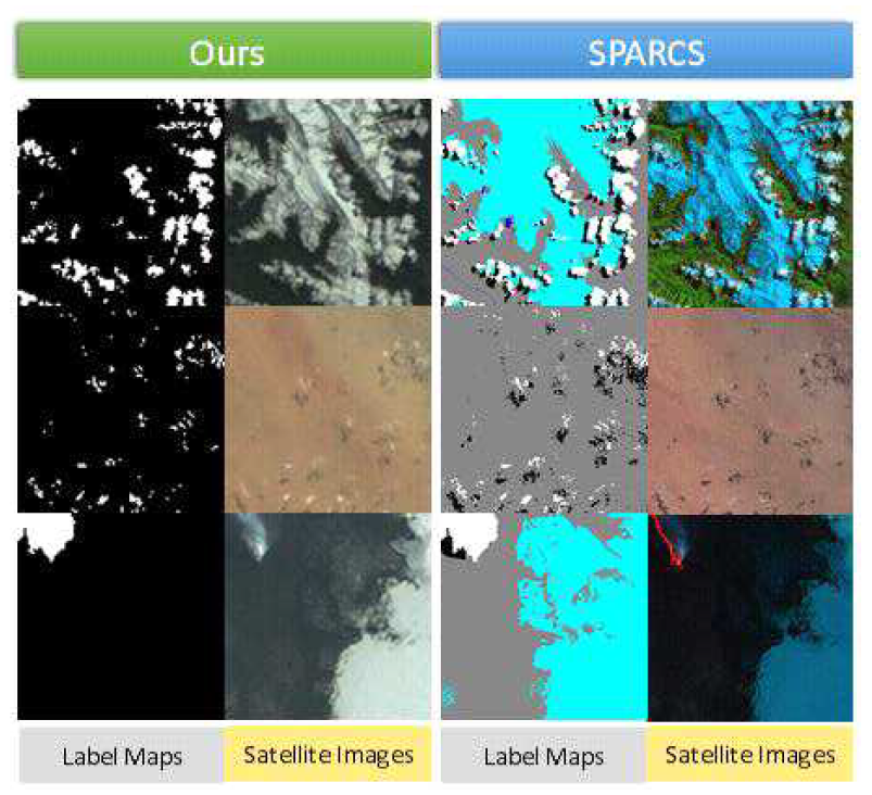 SPARCS 의사색상과 변경된 가시대역 위성영상 및 레이블 맵의 비교