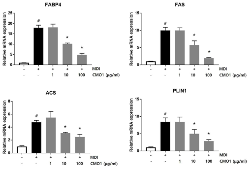 CMO1의 FABP4, FAS, ACS, Perilipin(PLIN1) mRNA발현 억제 효과