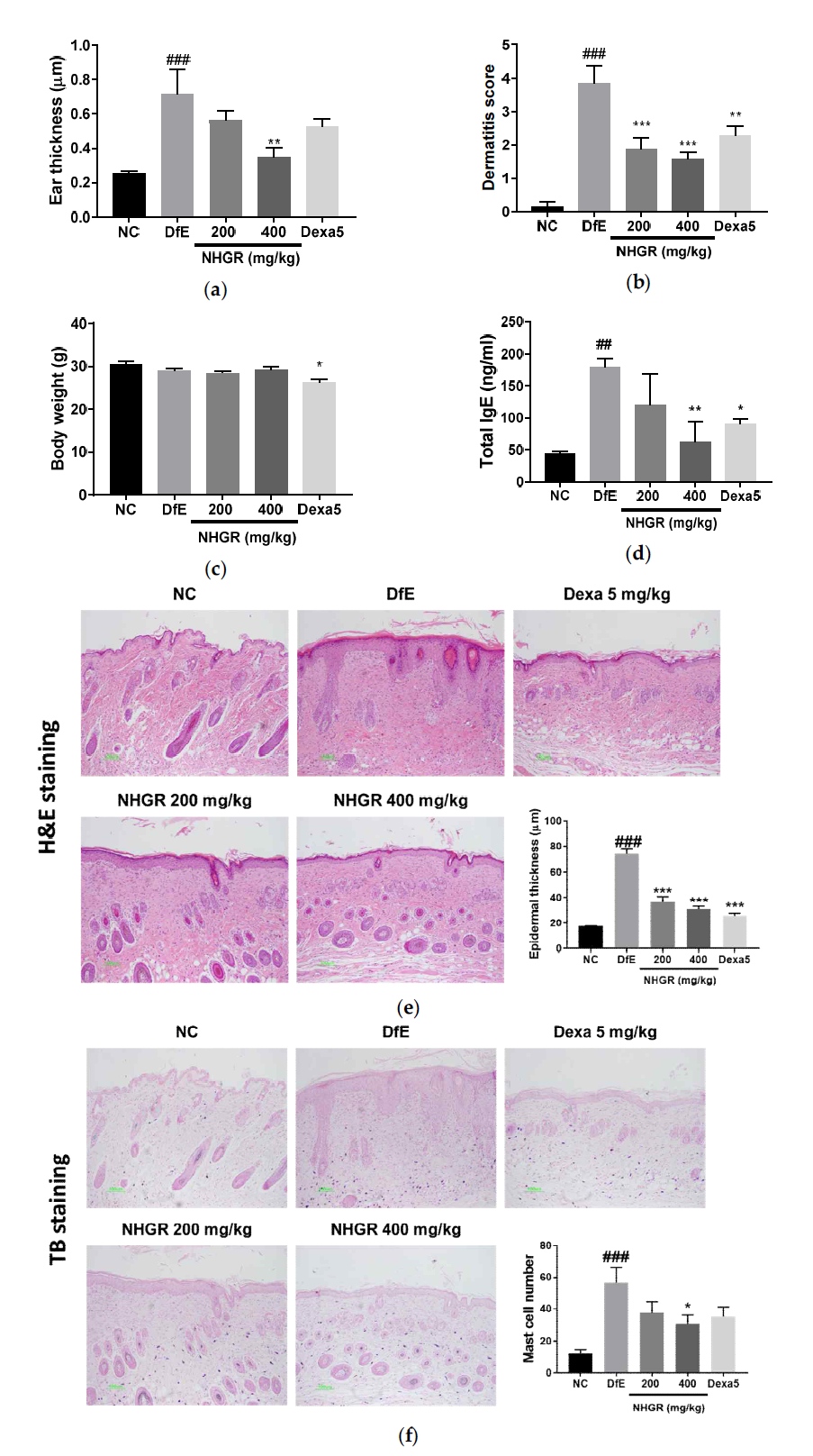 The effects of Siraitia grosvenorii residual extract (NHGR) on the development of atopic dermatitis in NC/Nga mice. (a) Ear thickness, (b) Dermatitis severity score, (c) Body weight, and (d) Serum total IgE levels. Dorsal skin sections were stained with (e) Hematoxylin  TB, toluidine blue stain. Values are expressed as means ± SEM (n=7). #p < 0.05 and ### p < 0.001 compared with NC; p<0.05, **p < 0.01 and ***p < 0.001 compared with DfE, as determined by ANOVA followed by multiple comparison tests