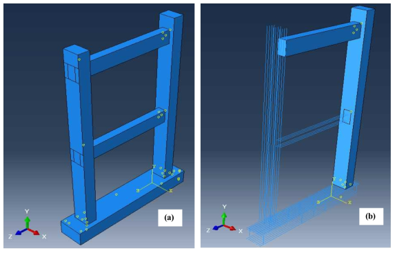 Illustration of the two-storey reinforced concrete frame modeled in ABAQUS: (a) total view of the frame, and (b) rebar layout