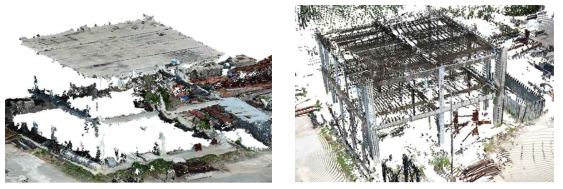3D point cloud for the structures lab, 드론 (좌), 지상 레이져 스캐닝 로봇 (우)