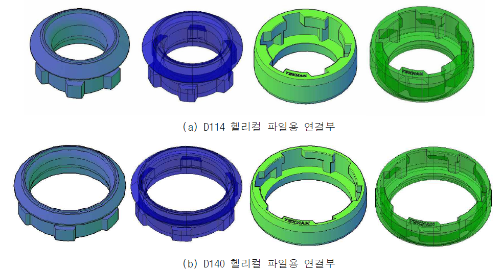 헬리컬 파일 연결부 상/하부 3차원 사시도 및 투시도