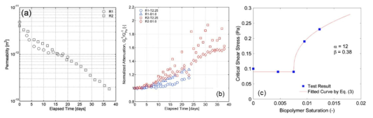 본 연구진의 바이오폴리머 관련 선행 연구 결과: (a) 모래의 투수성 감소, (b) P-wave 감쇠 증가, (c) 침식 저항성 증가