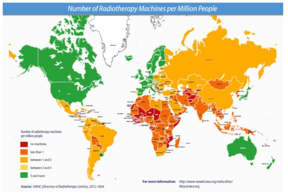 세계 치료용 선형가속기 수 분포 (출처: DIrectory of RAdiotherapy Centres, DIRAC)