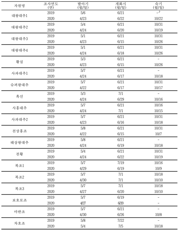 유통 대추 자원의 발아기, 개화시 및 숙기