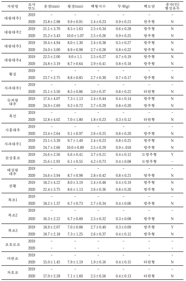 유통 대추 품종의 핵 및 종자(인) 특성