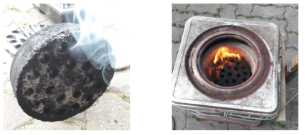 팜스테아린 도포형 착화탄의 연기 발생(좌)과 연탄 착화(우)