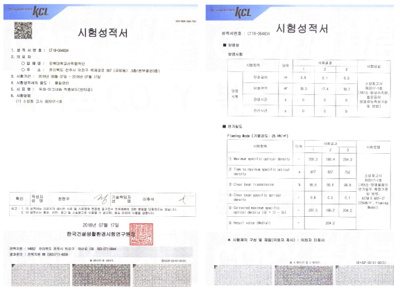 목재-무기질 적층복합재 방염성능 공인시험성적서