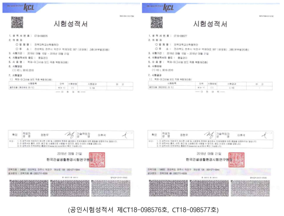 목재-무기질 적층복합재의 단열성능 공인시험성적서