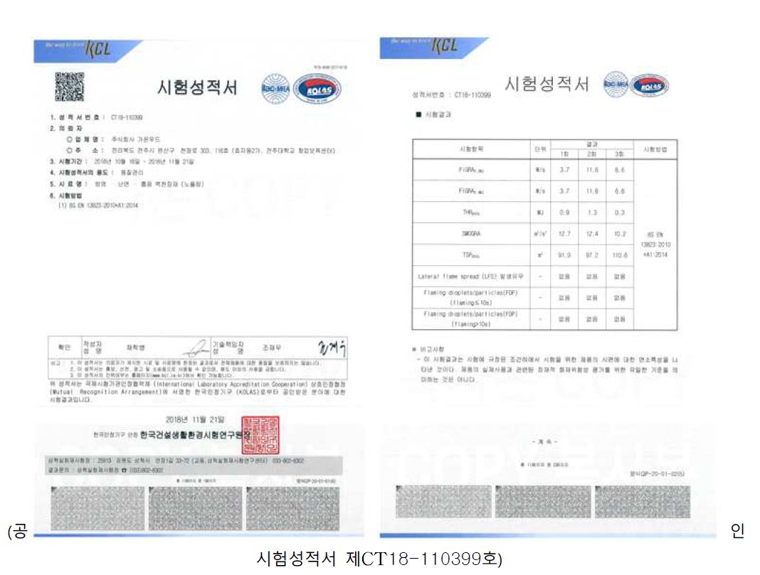 유럽기준(SBI) 화재시험 공인시험성적서