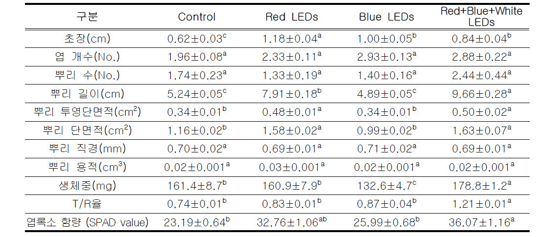 LEDs 광질 조건별 차나무의 생육특성