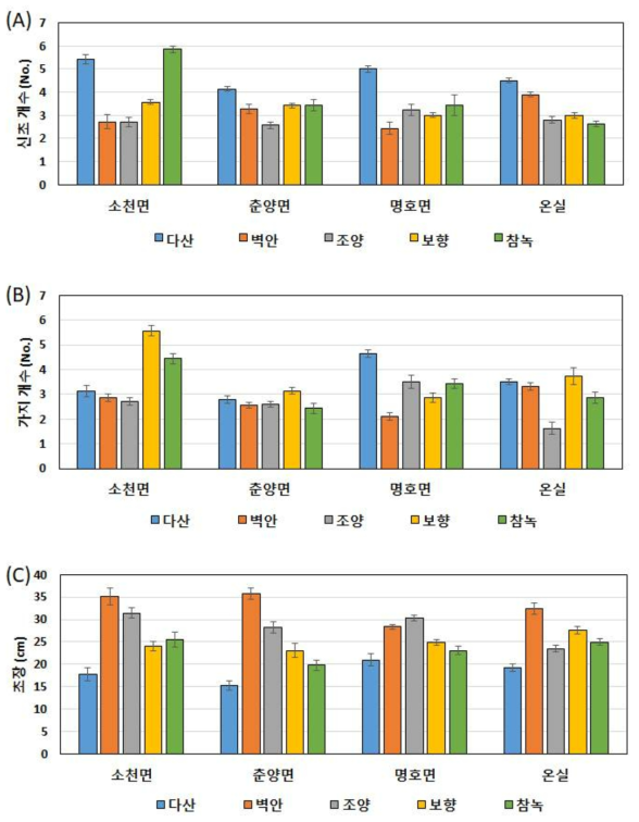 봉화군 지역적응시험지 4개소 5품종의 기본 생육조사 (A: 신초개수(No.), B: 가지개수(No.), C: 초장길이(cm))