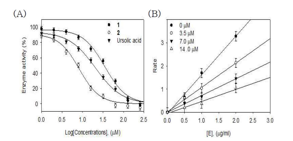 (A) Effect of compound 1, 2, and ursolic acid on the activity of PTP1B. (B) Determination of the reversible inhibitory mechanism of compound 2