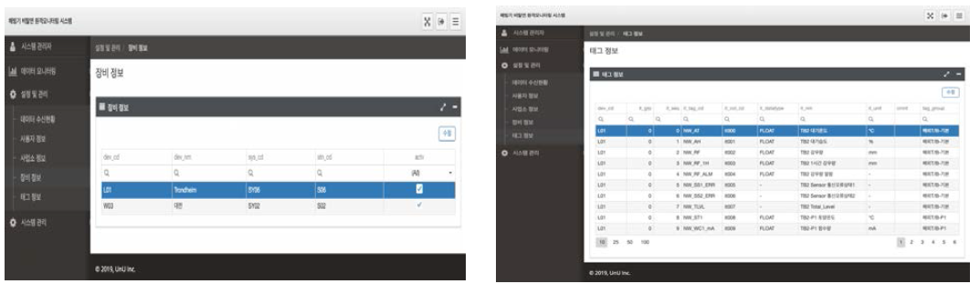 장비 관리화면 및 태그정보 관리화면