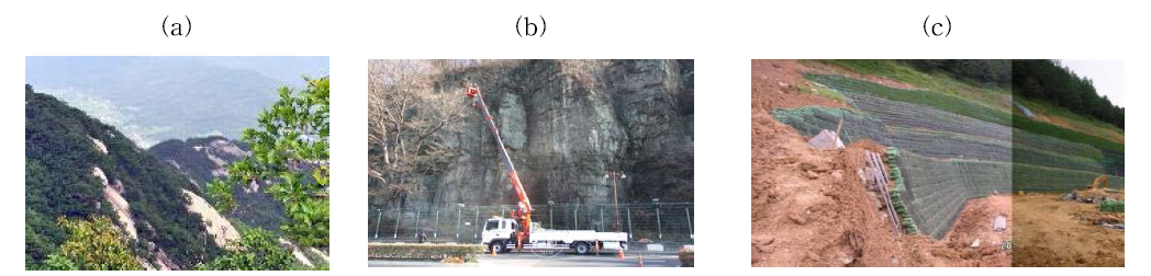 국내지반 특성: (a) 국내산지; (b) 절취 후 사면 (암반); (c)절취후 사면 (풍화토)