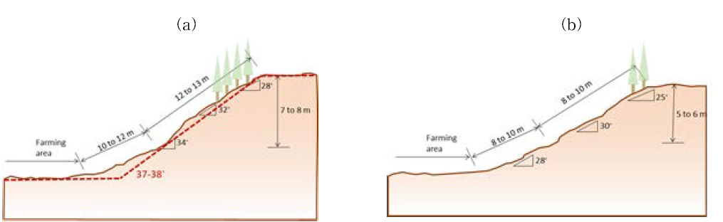 Location of the critical slope and the sectional profiles of two critical sections.: (a) Cross Section-1, Area East; (b) Cross Section-2, Area West