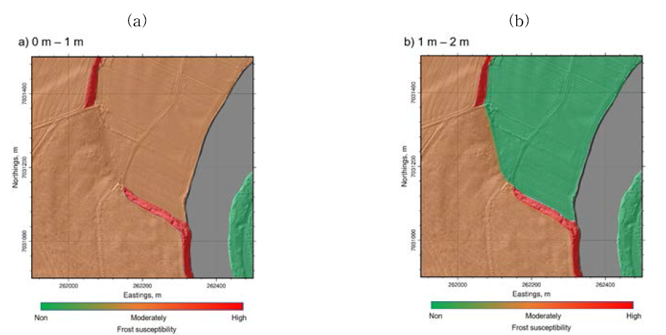 대상현장의 동결민감도: (a) 0m-1m; (b) 1m-2m