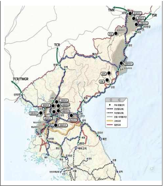 북한 주요 광산지역 연계교통망 자료: 서종원(2018), 남북교류협력지원협회, 북한자원 뉴스레터 (가을호)