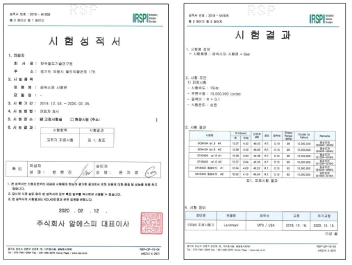 대차프레임 용접시편에 대한 피로한도시험 성적서