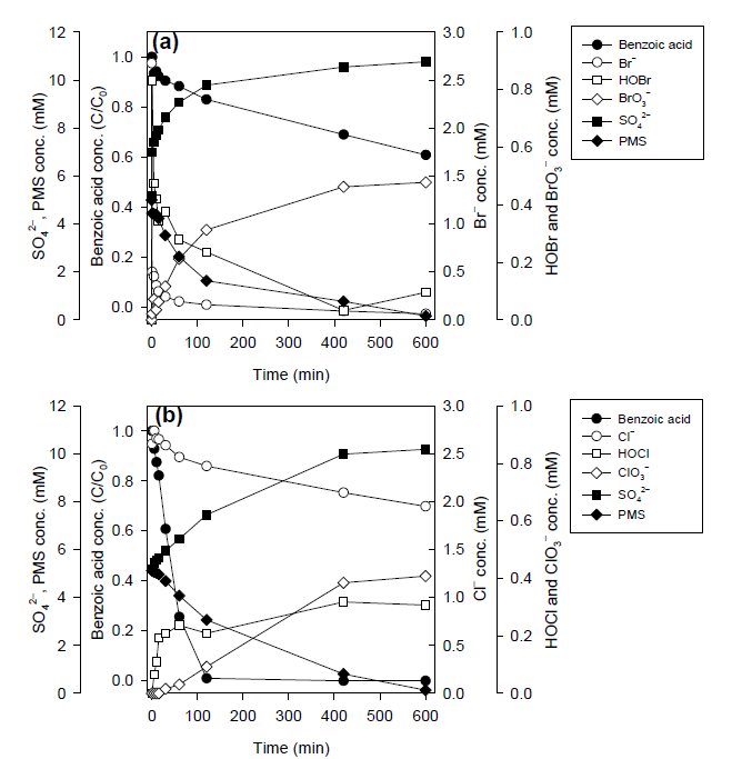 열 활성화 과산화일황산염 계의 (a) 브롬 및 (b) 염소 존재 시, 시간에 따른 물질 농도 변화
