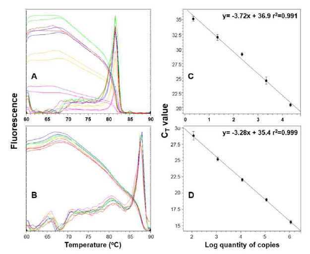 대상 포식기생생물인 Amoebophrya sp.1과 sp.2을 정량적으로 분석하기 위해 qPCR 분석의 특이성 (A, B)과 정확성(C, D)에 대한 평가한 결과