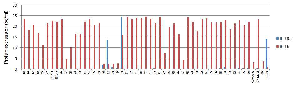 연구팀 보유 53종 간엽줄기세포의 IL-1β와 IL-1ra 발현 비교. ELISA 기법으로 측정