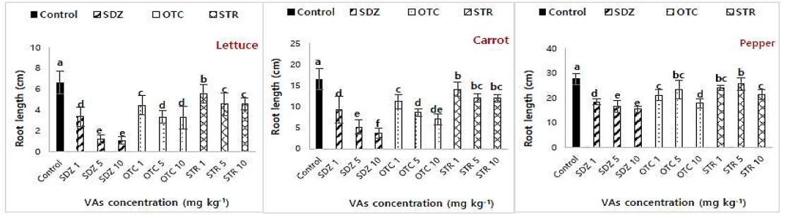 Root length (cm) of lettuce, carrot and pepper grown in soil treated with VAs. Error bars represent standard error. Concentration values followed by different letters are significantly different (p<0.05) according to Duncan's multiple range test. SDZ = Sulfadimethoxine; OTC =Oxytetracycline; STR = Streptomycin