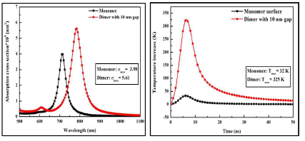 Comparisons of (a) absorption cross section and (b) temperature increase between a monomer and dimer