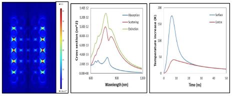 (left) Near field enhancement, (middle) absorption cross section and (right) temperature increase for gold nanoshell array