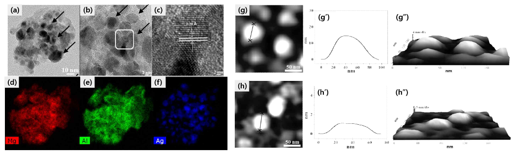 은 나노입자 하이브리드의 (a, b, c) 투과전자현미경 이미지, (d, e, f) 투과전자현미경 에너지 분산형 X-선 분광 분석 이미지, (g) 원자간력현미경 이미지 및 (h) 하드주형을 제거한 은 나노입자의 원자간력현미경 이미지