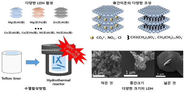 다양한 금속조성 및 층간이온을 이용하여 합성된 금속이중층수산화물의 모식도 및 수열합성 조건을 도입하여 합성된 금속이중층수산화물의 주사전자현미경 이미지