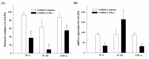 CORM-2-UDLs의 항염증 효과 평가. (A) 염증 관련 사이토카인의 농도, (B) 염증 관련 사이토카인의 mRNA 발현