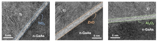 Ti/TiO2/n-GaAs, Ti/ZnO/n-GaAs, 그리고 Ti/Al2O3/n-GaAs 구조들의 TEM 사진